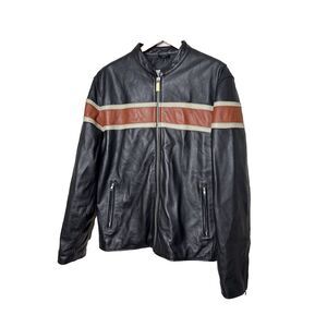 Wilsons M.Julian Leather Cafe Racer Stripe Jacket Coat Black Orange Tan Stripe L